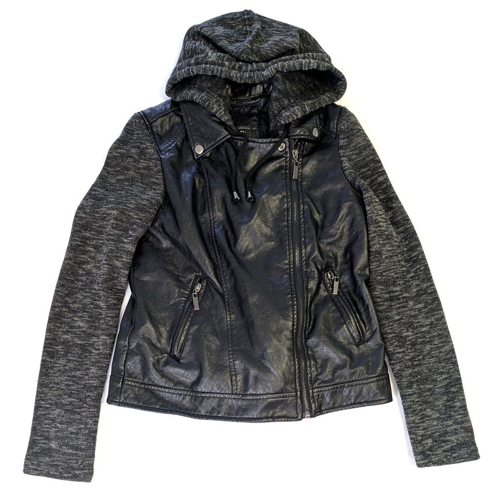 J2 Black Faux Leather Moto Jacket Grey Knit Hooded Sleeves Mixed Media Womens M